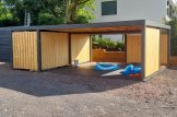 Telheiro para 2 carros em madeira LUNA DUO F PLUS, 7,6x5,6 m, com abrigo e parede lateral customer 1