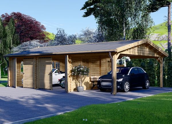 Garagem de madeira pré-fabricada para 2 carros MULTI (44 mm) 6x6 m com telheiro 3x6 m avp.ui.product_images.thumbnail 1