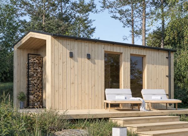 Sauna de madeira SERENE 3 com vestiário e alpendre (pinho natural) – 5,3×2,5 m, 10,65 m² thumbnail 1