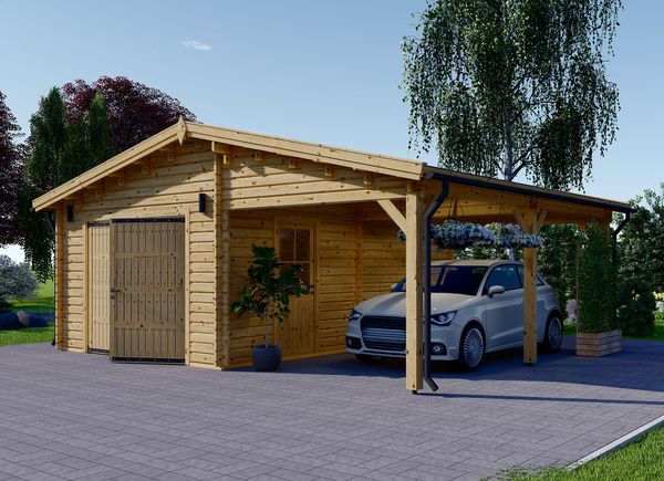 Garagem de madeira pré-fabricada para 1 carro MULTI (44 mm) 4x6 m com telheiro 3x6 m avp.ui.product_images.thumbnail 1