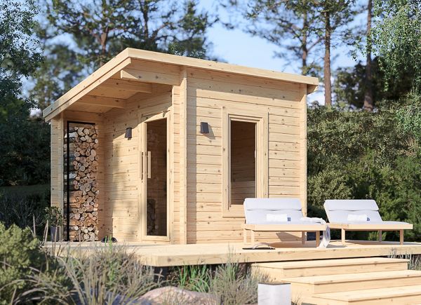 Sauna de madeira VIGOR 1 com alpendre (tronco maciço) – 3,3×2,5 m, 6,65 m² thumbnail 1