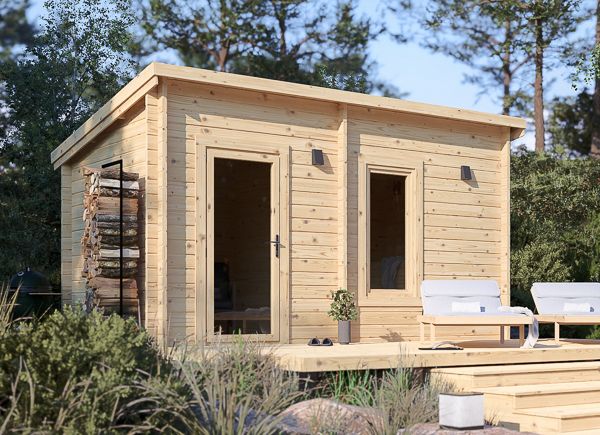 Sauna de madeira VIGOR 2 com vestiário (tronco maciço) – 4,5×2,5 m, 9,15 m² thumbnail 1