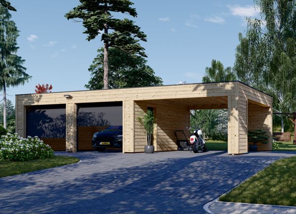 Garagem de madeira pré-fabricada para 2 carros SILVIA F (34 mm + revestimento), 6x6 m, com telheiro 4x6 m avp.ui.product_images.thumbnail 1
