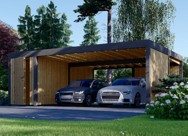 Telheiro para 2 carros em madeira LUNA DUO F PLUS, 7,6x5,6 m, com abrigo e parede lateral avp.ui.product_images.thumbnail 1
