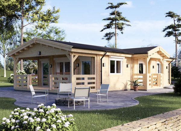 B-Ware: Casa de madeira pré-fabricada DONNA S (Isolamento térmico PLUS, 44+44 mm), 63 m² com terraço de 11.5 m² avp.ui.product_images.thumbnail 1