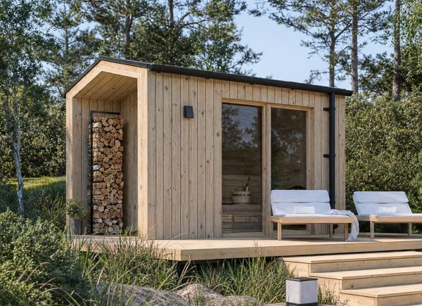 Sauna de madeira SERENE 1 com alpendre (pinho natural) – 3,3×2,5 m, 6,25 m² thumbnail 1
