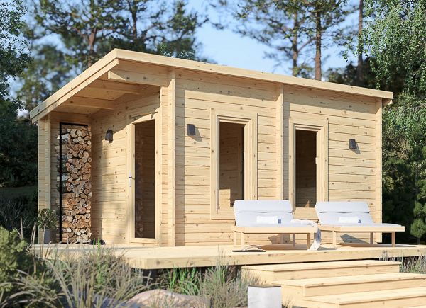 Sauna de madeira VIGOR 3 com vestiário e alpendre (tronco maciço) – 5,3×2,5 m, 10,95 m² thumbnail 1
