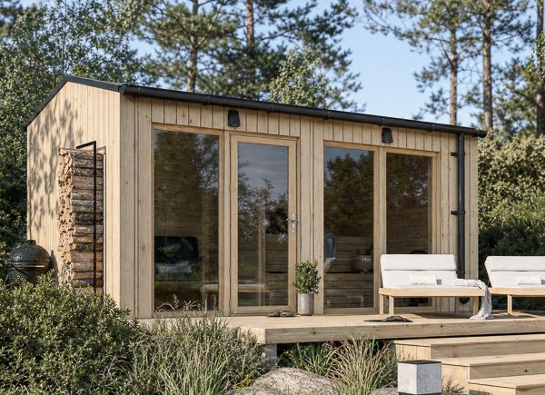 Sauna de madeira SERENE 2 com vestiário (pinho natural) – 4,5×2,5 m, 9,35 m² thumbnail 1