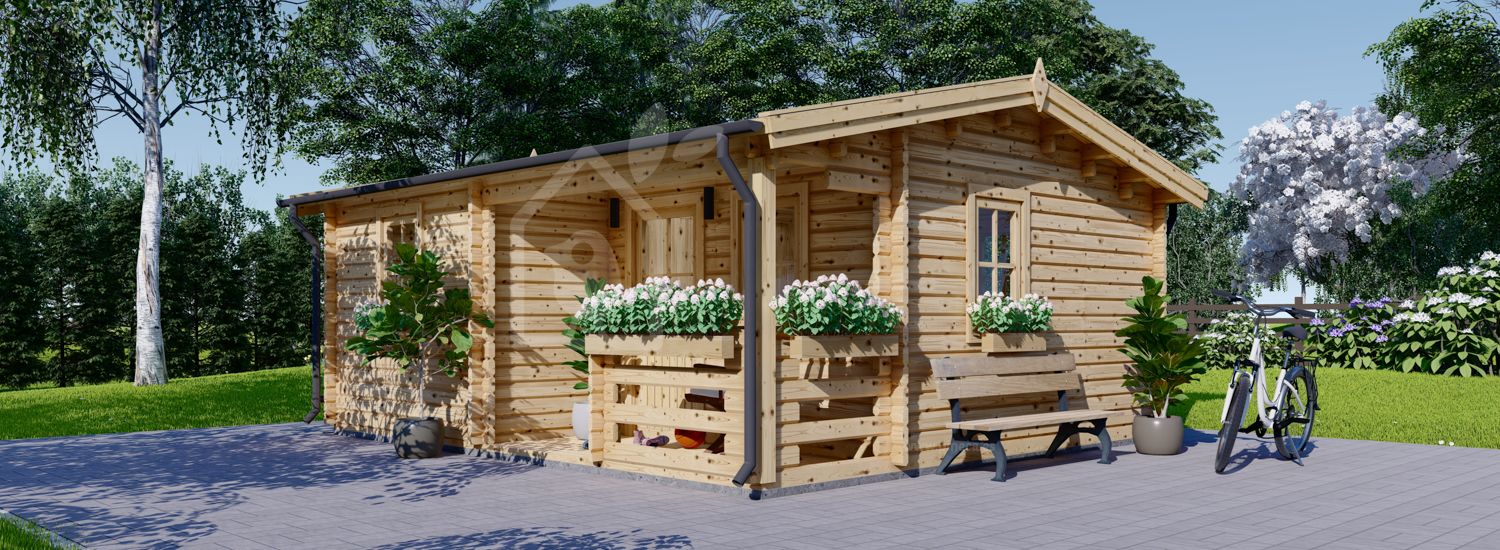 Casa de madeira pré-fabricada NANTES (Isolamento térmico, 44+44 mm), 6x4.7 m, 24 m² com terraço 3.5 m² visualization 1