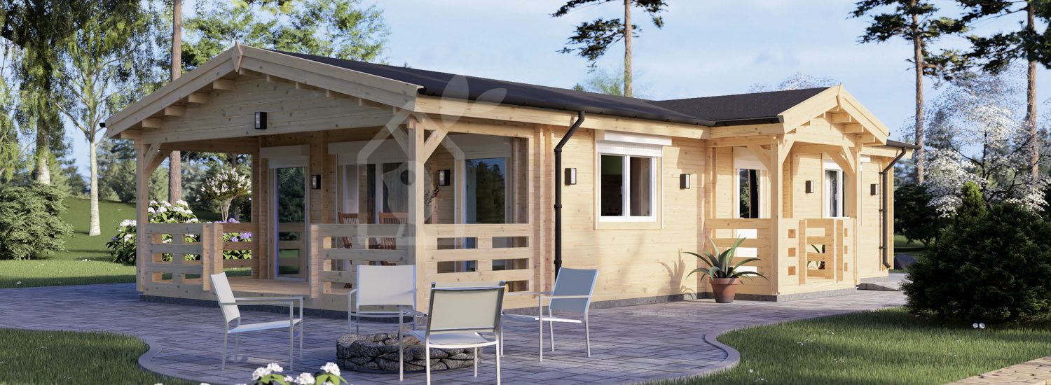 B-Ware: Casa de madeira pré-fabricada DONNA S (Isolamento térmico PLUS, 44+44 mm), 63 m² com terraço de 11.5 m² visualization 1