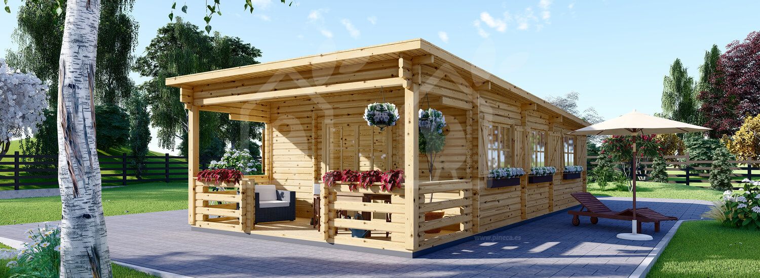 Casa de madeira pré-fabricada HYMER F (Isolamento térmico PLUS, 44+44 mm), 42 m² com terraço de 10 m² visualization 1