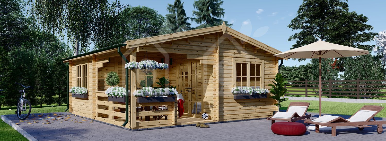 Casa de madeira pré-fabricada OLIVIA (Isolamento térmico, 34+34 mm), 6x6 m, 27 m² com terraço de 8 m² visualization 1