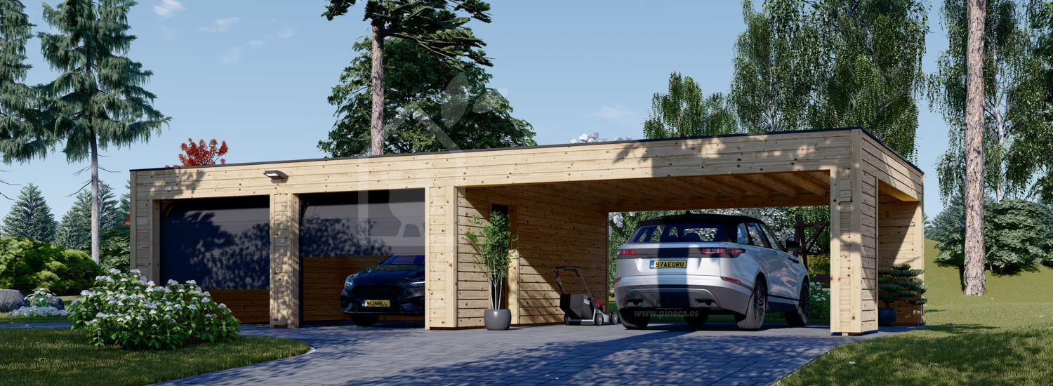 Garagem de madeira pré-fabricada para 2 carros SILVIA F (34 mm + revestimento), 6x6 m, com telheiro 6x6 m visualization 1
