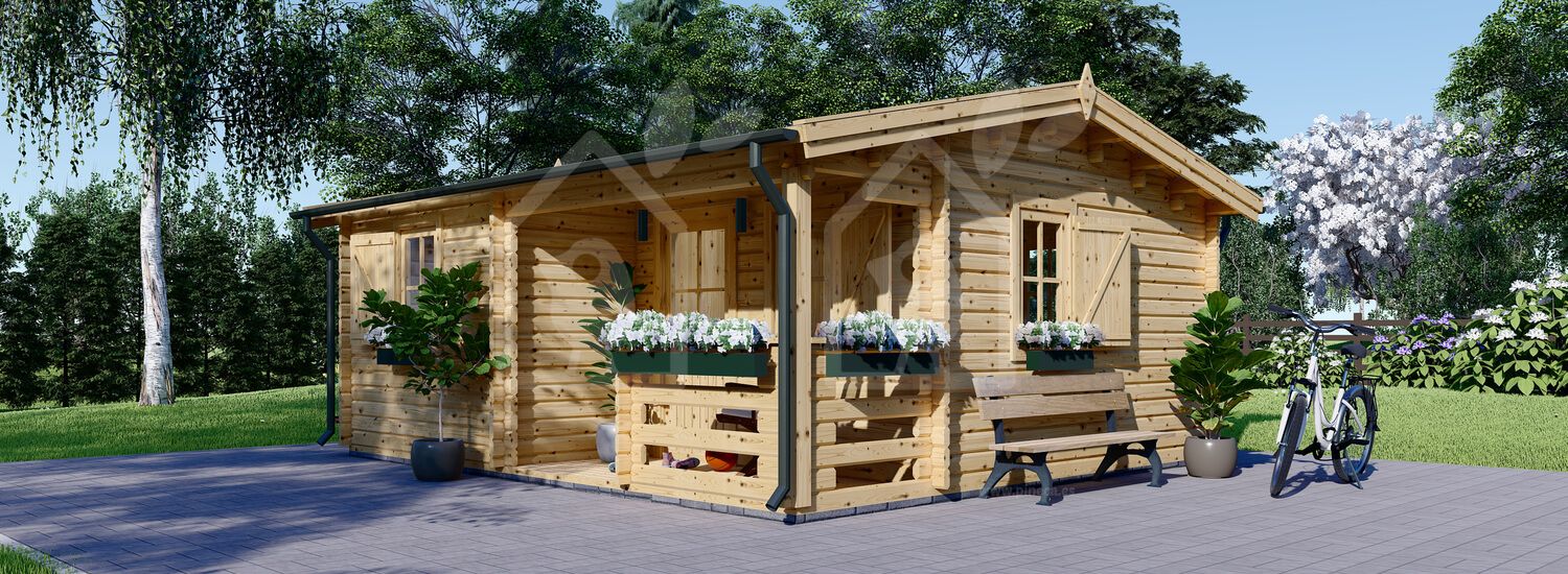 Casa de madeira pré-fabricada NANTES (Isolamento térmico, 44+44 mm), 6x4.7 m, 24 m² com terraço 3.5 m² visualization 1