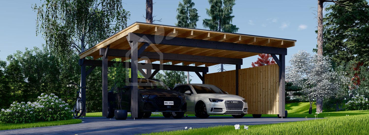 Telheiro para 2 carros em madeira LUNA DUO F, 6x6 m, com parede lateral visualization 1