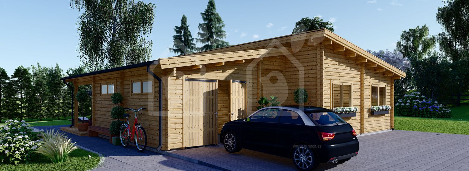 Casa de madeira pré-fabricada BERTA F com telhado plano (44+44 mm), 72 m² com terraço de 18 m² e garagem de 20 m² visualization 1