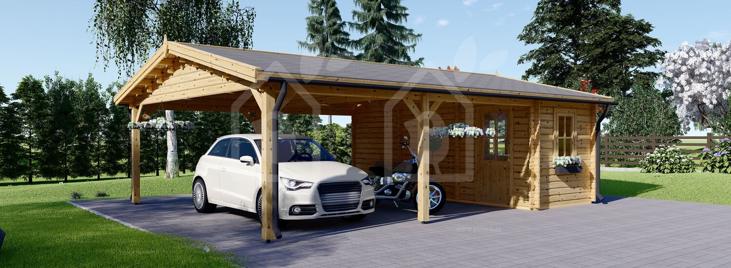 Telheiro para 2 carros em madeira 5.5x6 m com abrigo (44 mm), 2x6 m visualization 1