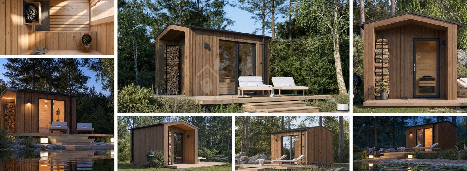 Sauna de madeira SERENE 1 com alpendre (ThermoWood) – 3,3×2,5 m, 6,25 m² visualization 1