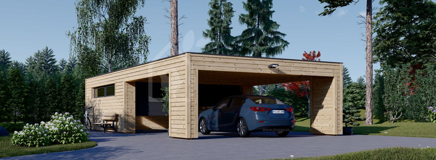 Garagem de madeira para 2 carros SILVIA F (34 mm + revestimento), 6x6 m, com telheiro (diretamente em frente) 6x6 m visualization 1