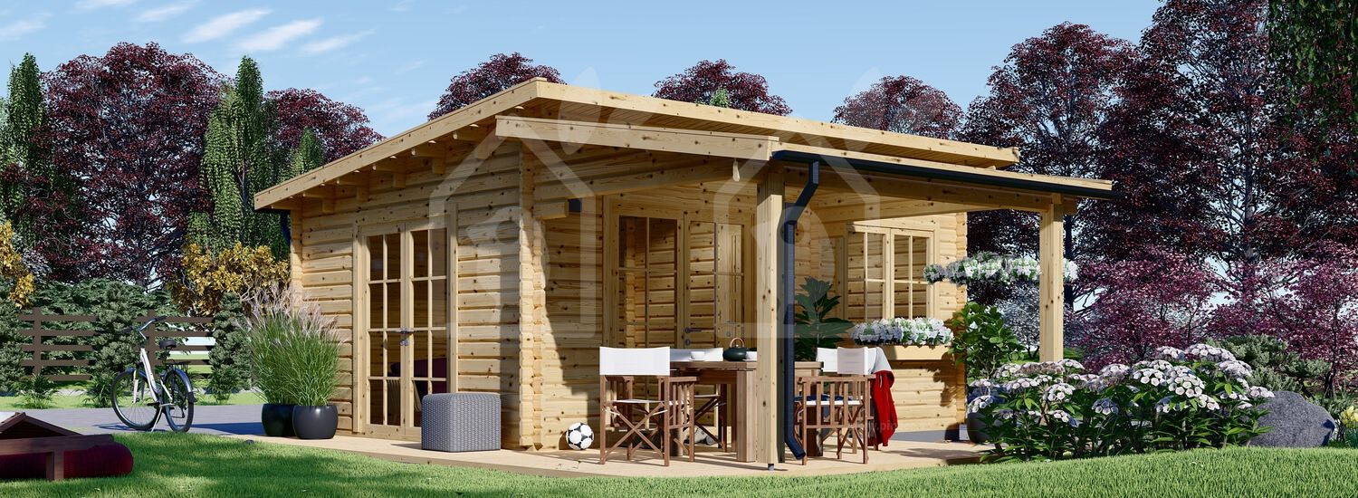 Casa de madeira pré-fabricada HELEN (44 mm), 6x6 m, 24 m² com terraço de 12.5 m² visualization 1