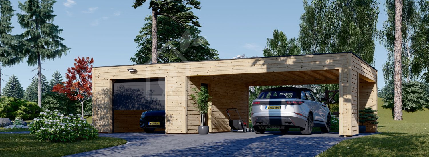 Garagem de madeira SILVIA F (34 mm + revestimento), 4x6 m, com telheiro 6x6 m visualization 1