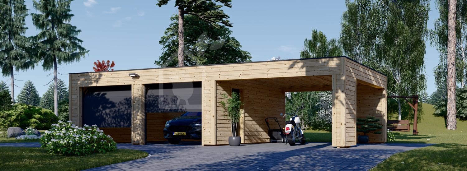 Garagem de madeira pré-fabricada para 2 carros SILVIA F (34 mm + revestimento), 6x6 m, com telheiro 4x6 m visualization 1