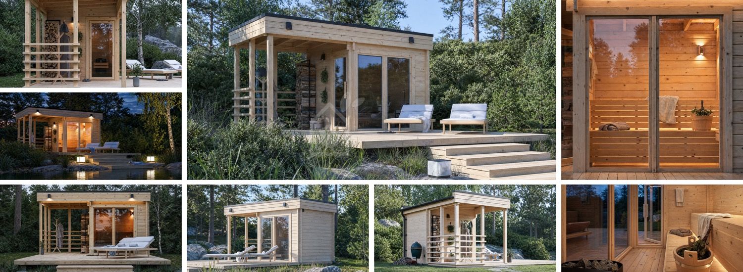 Sauna de madeira FREJA com terraço coberto (tronco maciço) – 4,5×2,5 m, 9,15 m² visualization 1