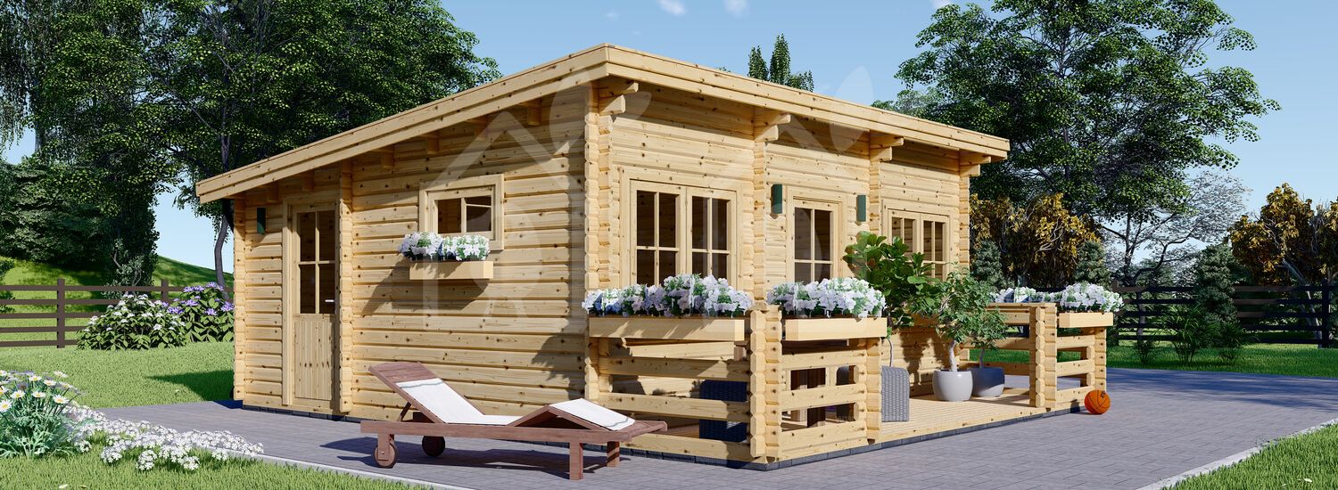 Casa de madeira pré-fabricada ALTURA F com telhado plano (Isolamento térmico, 44+44 mm), 31 m² com terraço de 8 m² visualization 1