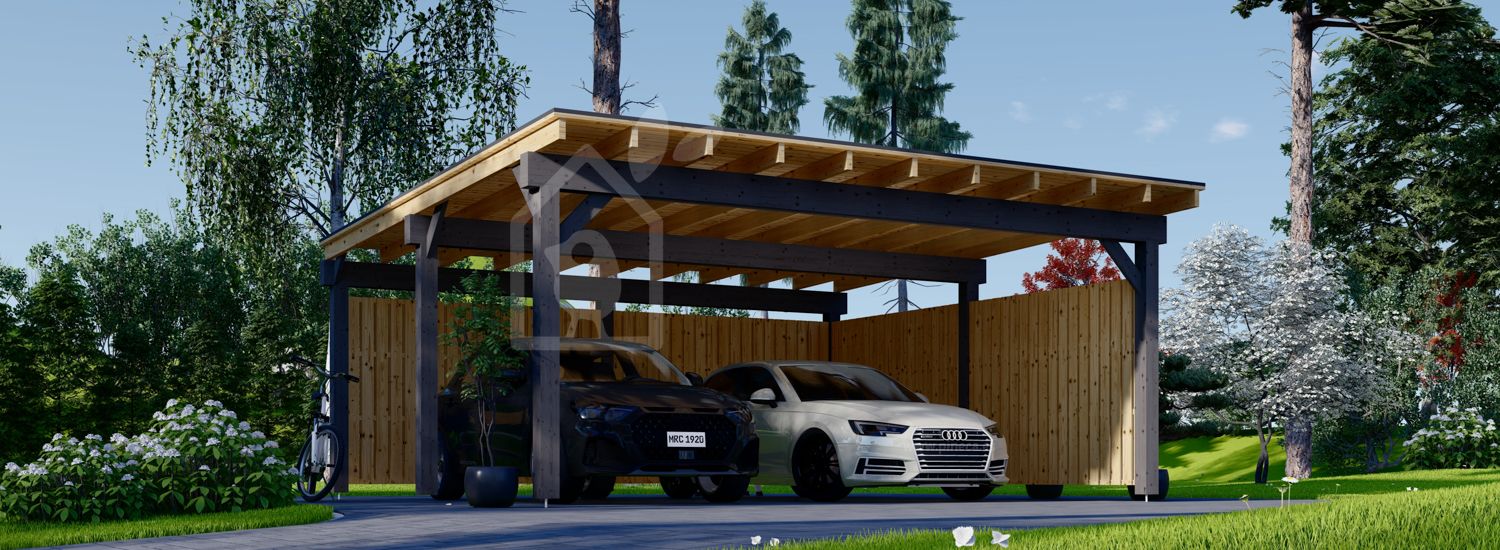 Telheiro para 2 carros em madeira LUNA DUO F, 6x6 m, com parede em forma de L visualization 1