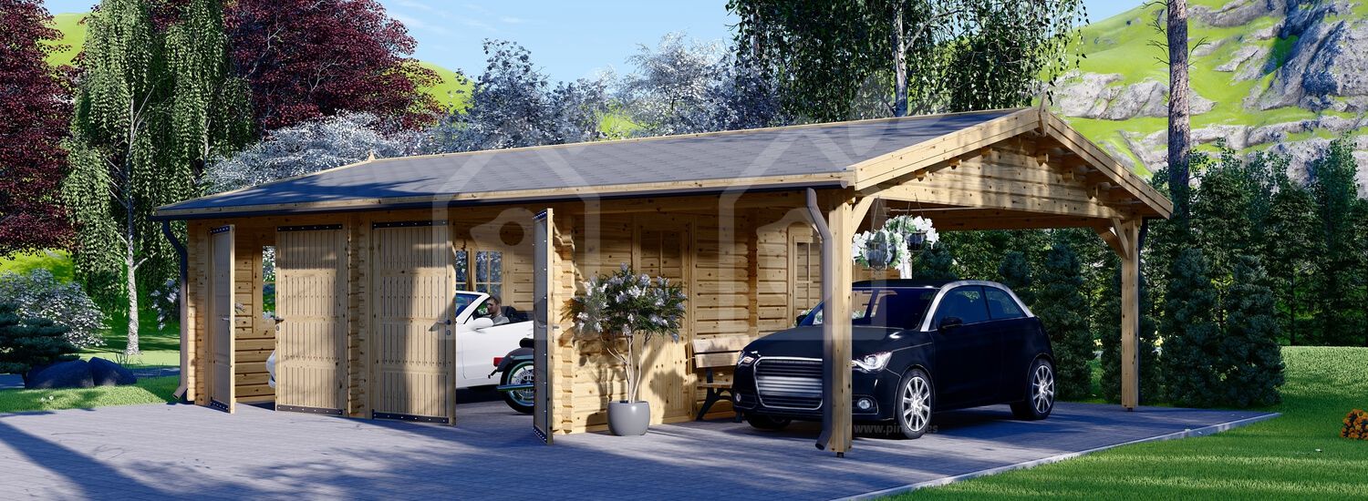 Garagem de madeira pré-fabricada para 2 carros MULTI (44 mm) 6x6 m com telheiro 3x6 m visualization 1