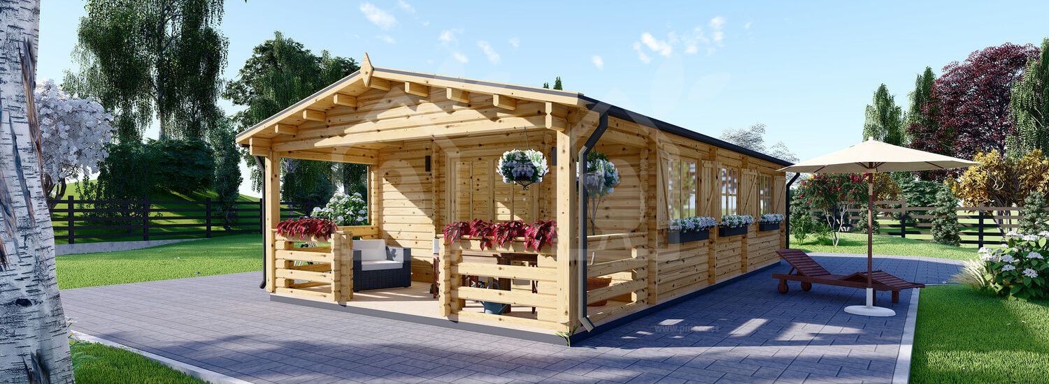 Casa de madeira pré-fabricada HYMER (44+44 mm), 42 m² com terraço de 10 m² visualization 1