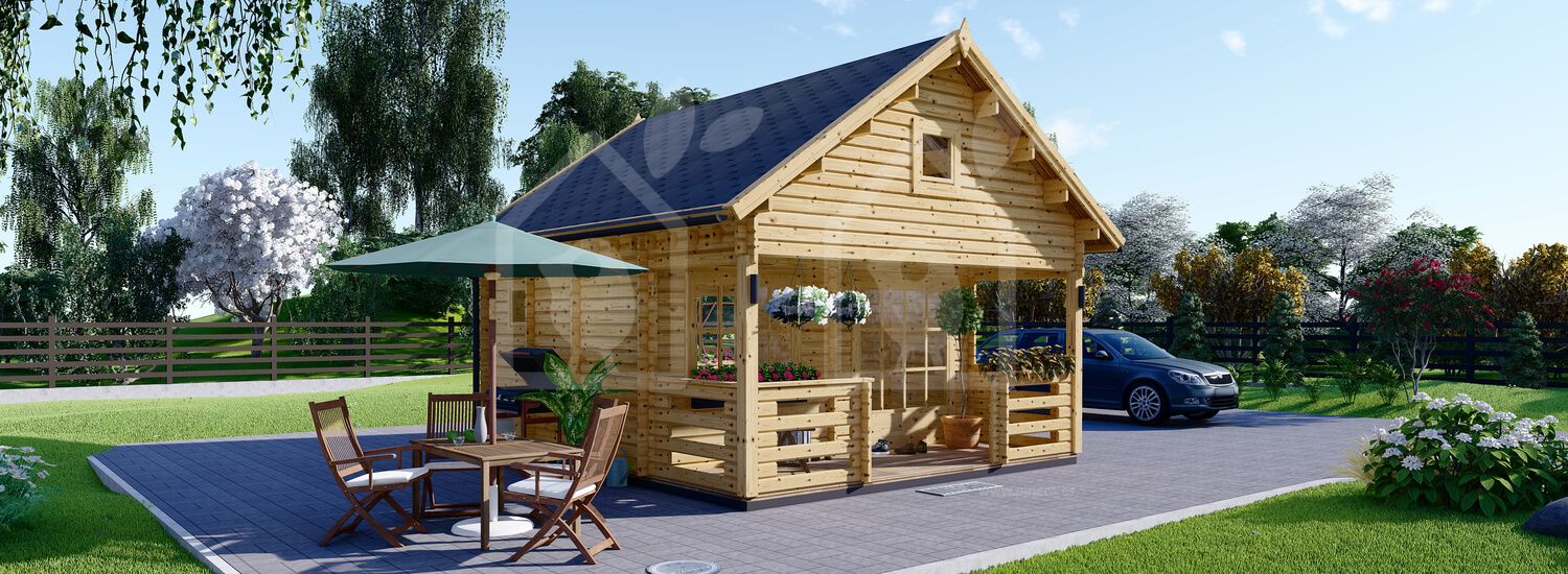 Casa de madeira para jardim ALBI (66 mm), 20 m² com terraço de 8 m² e mezanino visualization 1