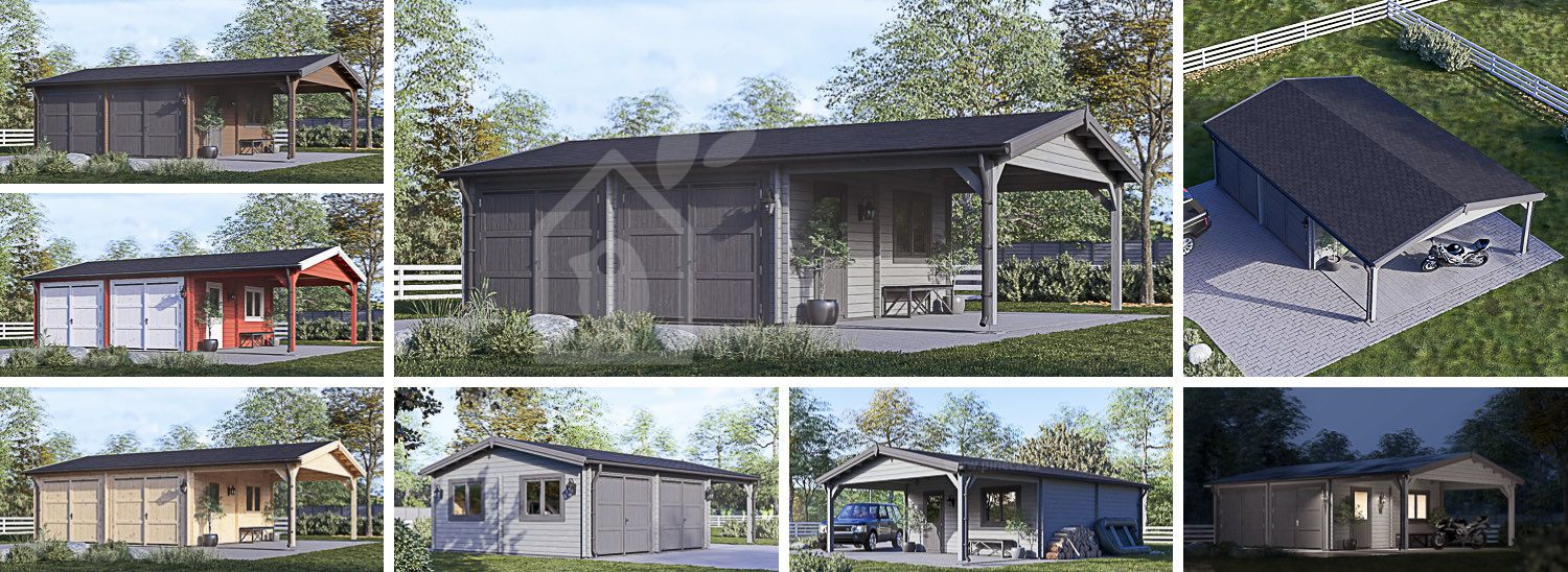 Garagem de madeira pré-fabricada para 2 carros MULTI (44 mm) 6x6 m com telheiro 3x6 m visualization 1