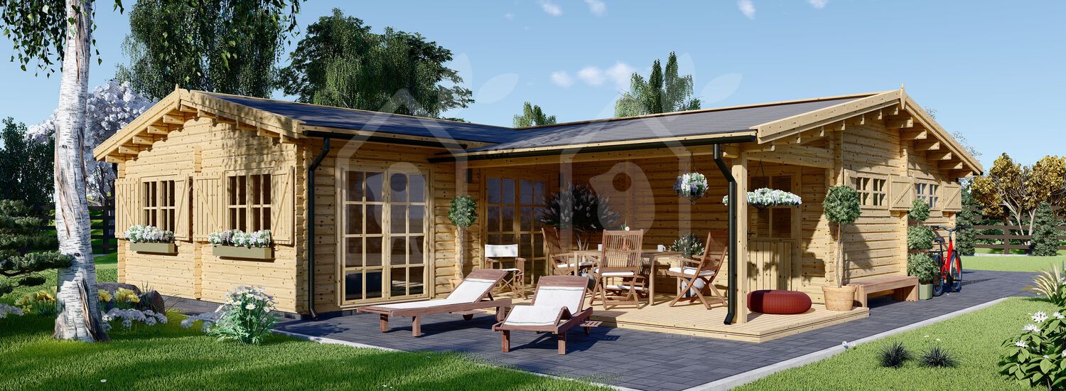 Casa de madeira pré-fabricada BERTA (66 mm), 72 m² com terraço de 18 m² e garagem de 20 m² visualization 1