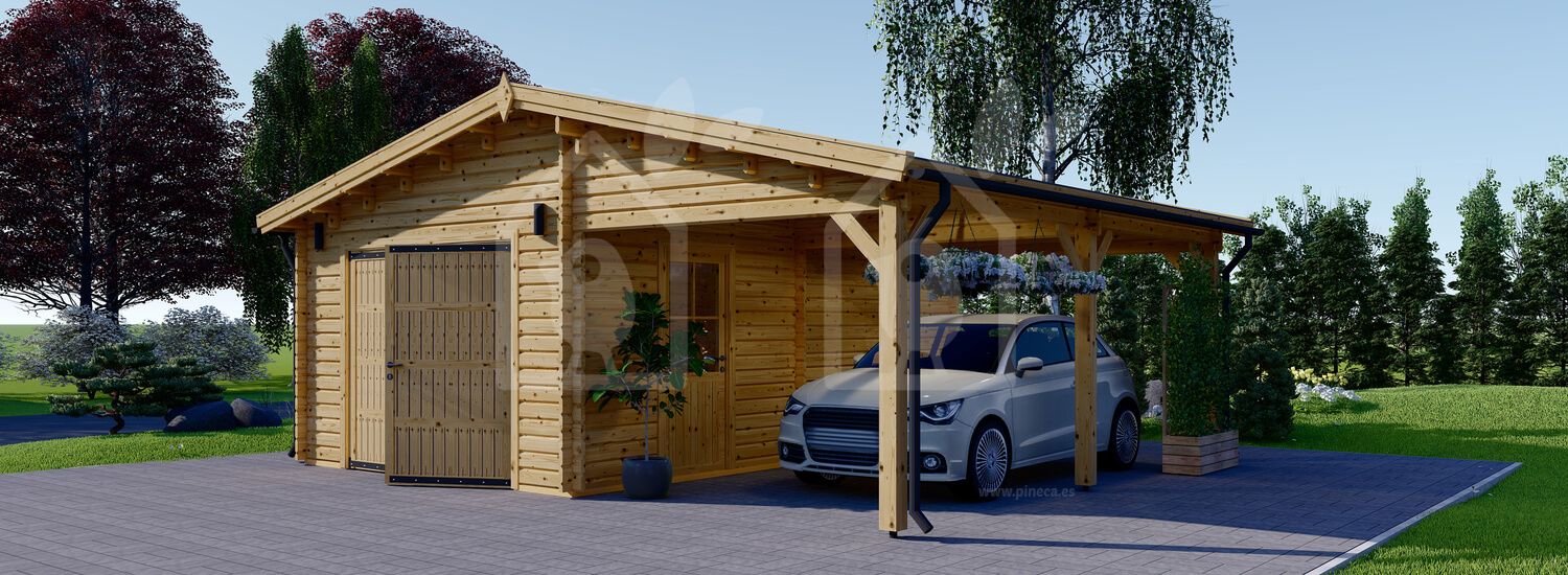 Garagem de madeira pré-fabricada para 1 carro MULTI (44 mm) 4x6 m com telheiro 3x6 m visualization 1