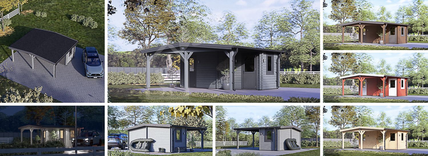 Telheiro para 1 carro em madeira 3x6 m com abrigo (44 mm) 2x6 m visualization 1